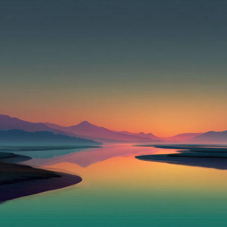 This tranquil landscape depicts a serene river reflecting the colors of a vibrant sunset. Soft hues of orange, blue, and purple create a calming atmosphere, with mountains silhouetted against the horizon. The image's composition and color palette would be suitable for various commercial or editorial applications.の素材