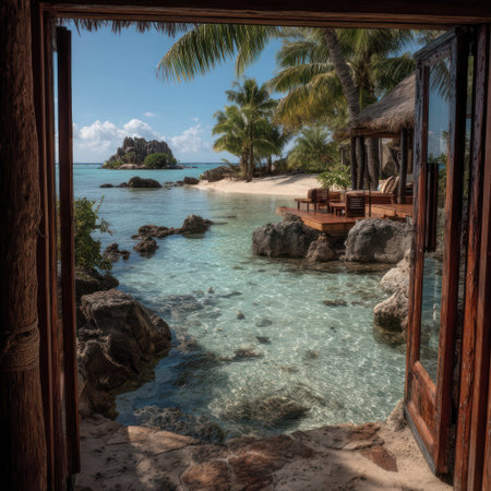 An inviting tropical vista unfolds through an open doorway, showcasing a beach with palm trees and a thatch-roof structure. Turquoise water gently laps against the shoreline. Sunlight illuminates the scene, highlighting the textures of rocks and sand. This image is suitable for tourism, travel, and vacation-themed projects.の素材