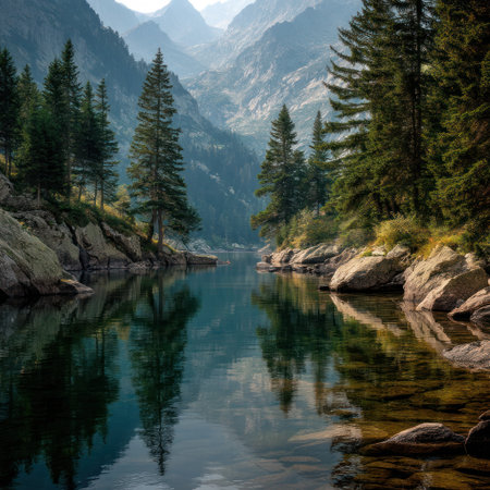 A serene landscape depicts a calm lake reflecting lush evergreen trees and rocky shores. The image showcases a natural environment under soft daylight, with a composition highlighting the interaction of water, trees, and mountains. Suitable for illustrating travel, nature, or environmental themes in various commercial applications.の素材