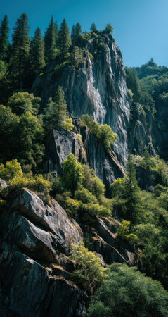 A rugged rock formation rises prominently, covered in vibrant green evergreen trees and foliage. The image showcases a natural outdoor environment, with sunlight creating depth and texture on the rock faces. This visual could be used commercially for landscape photography projects or as a backdrop.の素材