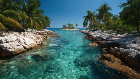 This image showcases a scenic coastal landscape. Crystal-clear water flows between rocky shores towards small islands under a vibrant blue sky. The composition highlights a tropical setting with palm trees and a lush environment. Suitable for a variety of projects, this image may be used for travel, nature, or environmental themes.の素材