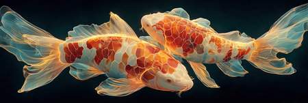 Two koi fish with vibrant orange and white patterns are depicted against a dark background. The composition highlights the fish with a focus on their textured bodies and translucent fins. This image may be suitable for decorative purposes, educational materials, or use in nature-themed designs.の素材