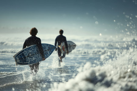 Two individuals are depicted in the process of entering the water while holding surfboards. The composition features a blue and white palette, capturing a sense of movement. The scene is illuminated by natural light. This image could be used for various commercial or editorial purposes.の素材