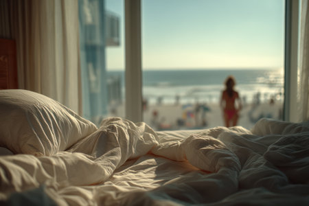 An unmade bed with a rumpled white duvet and pillows is the primary focus. Beyond a large window, a beach scene is visible with a blurred figure walking towards the ocean. The image utilizes natural lighting creating a serene atmosphere, suggesting a relaxing morning. Potential uses include editorial content.の素材