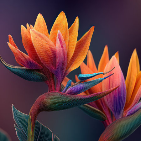 Two Bird of Paradise flowers are displayed against a dark background. The flowers exhibit striking orange, yellow, and purple hues with textured petals and green foliage. The artwork has a digital painting style and soft lighting, ideal for design elements. It can be used for various commercial or editorial applications.の素材