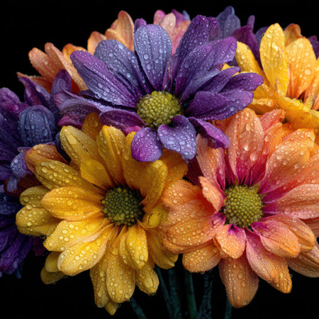 A close-up captures a collection of multi-colored daisies, exhibiting vibrant hues and textures. The blooms display water droplets, suggesting recent rainfall. Presented against a dark backdrop, the arrangement highlights the flowers' details. This image is suitable for various applications, including print and digital projects.の素材