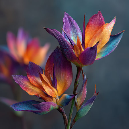 Close-up captures reveal brilliant blooms with a range of color. The image showcases textures, with soft petals contrasting against a blurred background. Warm and cool colors interplay creating visual interest, suggesting the image could be used for various design projects, or editorial content that focuses on natural beauty.の素材