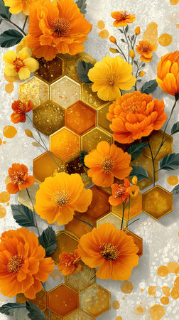 An artistic display features vividly colored orange and yellow flowers set against a textured, honeycombed backdrop. The composition is a detailed close-up, highlighting petal textures and geometric shapes. The warm tones and soft lighting suggest a welcoming aesthetic, suitable for various design applications and commercial projects.の素材