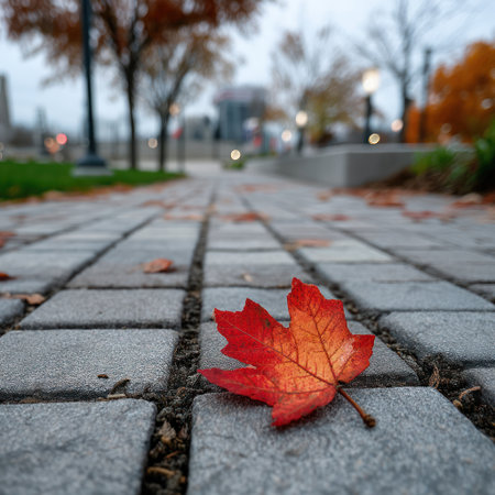 A single, vivid red maple leaf rests upon a textured stone path, showcasing autumnal hues. The image features a shallow depth of field, with soft focus on the background elements. The composition suggests an outdoor setting, possibly a park or garden, with natural lighting. This image could be utilized for various commercial and editorial applications.の素材