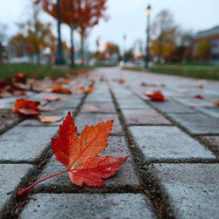 A close-up captures a bright red maple leaf resting on a brick pathway. The scene showcases an autumn day with blurred trees and structures in the background. The textured pathway and the leaf's intricate details create a visually appealing composition, suitable for various editorial and commercial applications.の素材