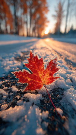 A single red maple leaf rests on a snow-covered surface, showcasing intricate details. The leaf is the focal point, bathed in warm sunlight, creating a high-contrast image. The background suggests a winter landscape. Suitable for illustrating seasonal themes, environmental concepts, or general design projects.の素材