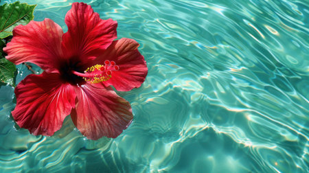 A close-up captures a bright red hibiscus flower gracefully floating on the surface of turquoise water. The image reveals rippling water textures under sunlight, creating a tranquil scene. This visual could be utilized in various projects to represent beauty, nature, or tropical themes. The image's clean aesthetics offer potential for diverse applications.の素材