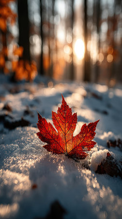 A striking red maple leaf rests on a bed of fresh snow, capturing the warmth of the sun. The image showcases a shallow depth of field, highlighting the leaf's intricate details and texture. This serene scene, set in a natural environment, could be used for various editorial and commercial applications.の素材
