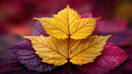 This image presents a cluster of bright yellow autumn leaves set against a blurred background of purples and reds. The leaves exhibit detailed veining and texture, enhanced by soft lighting. The composition suggests an autumnal scene, appropriate for various editorial and commercial applications.の素材