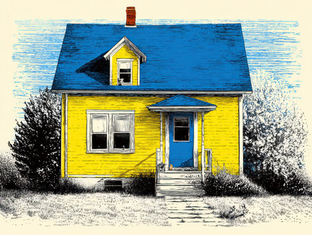 This illustration presents a charming yellow house with a contrasting blue roof and door. The artwork features a distinctive style with linework and a focus on color blocking. The composition suggests an outdoor environment, possibly on a sunny day. This image may be suitable for various commercial uses, including website design or editorial content.の素材