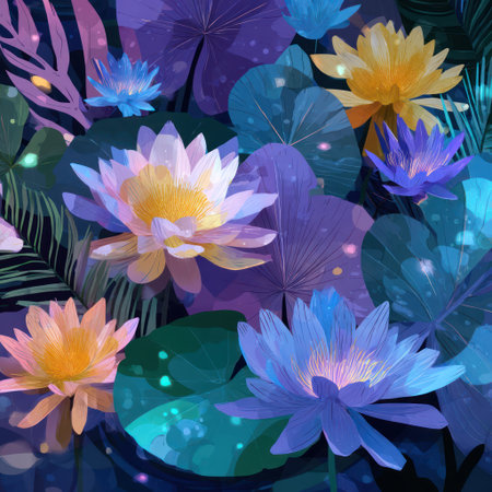 A colorful illustration showcases a variety of water lilies in full bloom. The artwork features an overhead composition with diverse floral elements. The vivid palette includes hues of blue, purple, yellow, and green, suggestive of a natural environment. Suitable for artistic designs and decorative purposes.の素材
