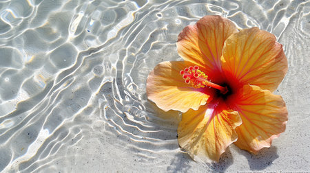 A close-up captures a bright yellow hibiscus flower gently floating atop clear water. The scene displays intricate water ripples and highlights from overhead sunlight. The overall composition creates a feeling of peace and tranquility suitable for both commercial and editorial uses. The color palette incorporates yellow, orange, and white tones.の素材