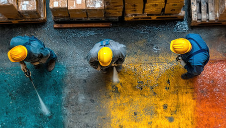 Overhead view shows three workers wearing helmets cleaning a warehouse floor. They appear near boxes stacked on pallets. The composition features a variety of colors, including blue, yellow, and orange, on the floor. This image is suitable for illustrating labor, logistics, and cleaning in a commercial context.の素材