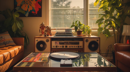 A classic audio setup dominates the foreground of a cozy interior, featuring a vinyl record player and speakers. The scene is illuminated by natural light filtering through window blinds. The composition utilizes a warm color palette, creating a welcoming and nostalgic atmosphere. This image is suitable for various commercial uses related to music and home decor.の素材