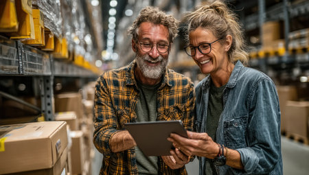 Two individuals, a man and a woman, are depicted in a warehouse setting, reviewing information on a tablet. The scene showcases an indoor environment, filled with rows of boxes and shelves. The lighting appears natural. This image could be utilized in commercial projects, illustrating logistics and business operations.の素材