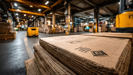 Inside a large warehouse, a stack of wood panels dominates the foreground, with focus on texture and form. The scene reveals a bustling environment, featuring machinery and pallets in motion. Overhead lighting casts shadows across the space, suggesting a commercial or industrial setting potentially suitable for various uses.の素材