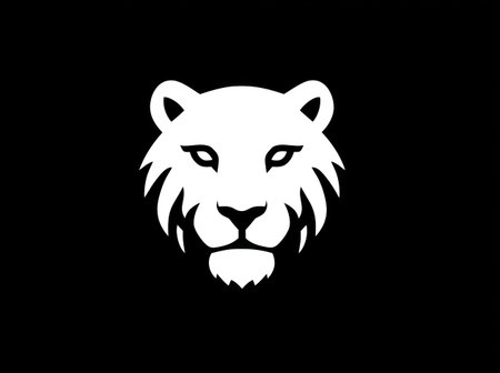 A stark white lion head silhouette is centered against a solid black backdrop. The graphic portrays the lion in a simplified, modern style, emphasizing its facial features. This design features high contrast and clean lines. Suitable for various applications including logos, branding, or editorial content.の素材