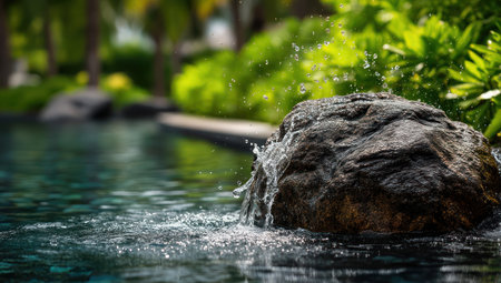 A close-up captures water splashing against a large, textured rock. The scene features lush green foliage in the background, with a soft, natural lighting. This image could be suitable for various applications, including advertising materials and editorial content.の素材