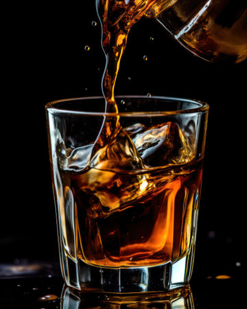 This image features whiskey being poured into a clear glass filled with ice cubes. The amber liquid contrasts against the dark backdrop, highlighting its texture and color. The composition focuses on the drink, suggesting a sophisticated setting. It could be used for advertising beverages or illustrating drink-related articles.の素材