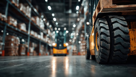 A close-up view of a forklift tire in a warehouse environment. The image showcases the vehicle alongside storage shelves filled with goods. The composition emphasizes the industrial setting with focus on organization. Possible use in commercial projects related to logistics or supply chain management.の素材