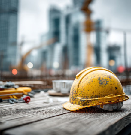 A close-up captures a worn yellow hard hat resting on a wooden surface, suggesting an outdoor construction site. The image displays visible texture and subtle color variations, showcasing an industrial environment with blurred construction equipment. Ideal for commercial applications related to safety or infrastructure projects.の素材