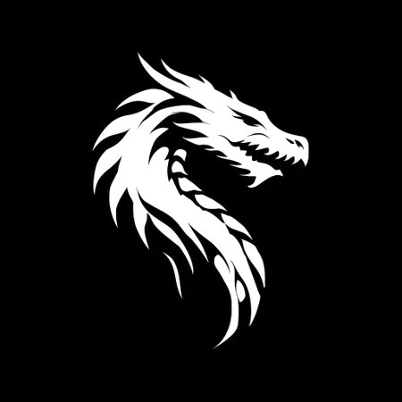 A detailed white dragon silhouette is centered against a solid black background. The artwork displays intricate lines and sharp details, creating a striking contrast. It has a clean, graphic style, suitable for various design applications. Potential uses include editorial illustrations, branding, or decorative elements.の素材