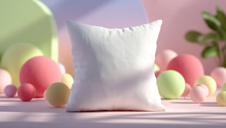 A close-up view presents a soft, white pillow centered in a scene with pastel-colored spheres. The composition includes a variety of shapes and sizes with diffused lighting. This image could be used for product presentations, home decor advertising, or graphic design projects.の素材