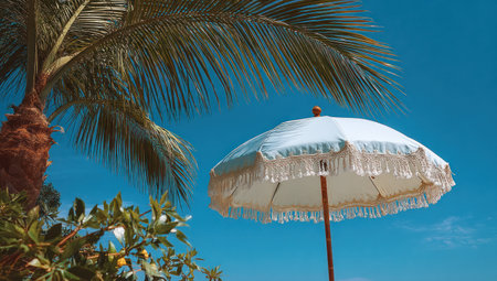 A white parasol stands open beneath the fronds of a palm tree, set against a bright blue sky. The scene exhibits a relaxed, sunny atmosphere. The composition features lush green foliage. This image could be used for travel, leisure, or lifestyle-themed content.の素材