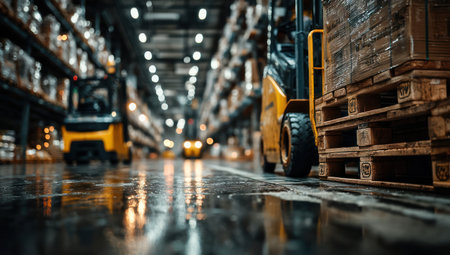 A warehouse interior showcases forklifts moving pallets of goods amidst rows of storage shelves. The composition features a shallow depth of field, emphasizing the foreground. Predominantly yellow forklifts and wooden pallets contrast against the metallic shelves. This image is suitable for illustrating supply chain, logistics, and distribution concepts in various commercial contexts.の素材