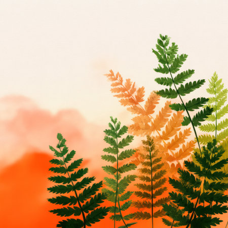 This watercolor illustration features stylized ferns in various shades of green and orange, set against a soft, gradient background evoking a sunset. The composition uses a minimalist aesthetic with soft textures and diffuse lighting. Suitable for use in a variety of design projects, including digital art and print applications.の素材