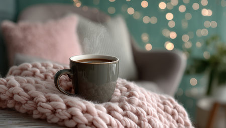 A close-up captures a ceramic mug filled with a dark beverage resting atop a soft, textured blanket. The scene is illuminated by soft light, suggesting an indoor setting. The composition includes blurred background elements, possibly suggesting a living space, hinting at its potential use for various lifestyle or relaxation-themed projects.の素材