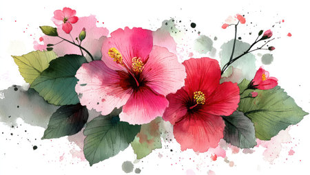 This watercolor illustration features a cluster of blooming hibiscus flowers. The image showcases varying shades of pink and red petals, complemented by green leaves and delicate stems. The soft, diffused lighting and artistic watercolor style creates a romantic feel suitable for various decorative and commercial applications.の素材