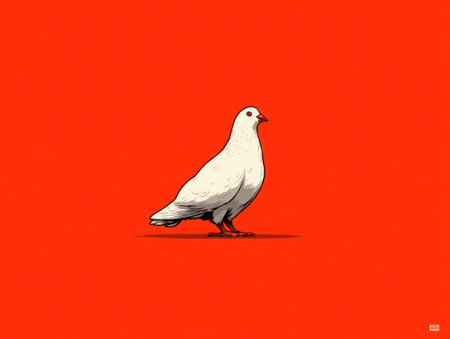 A digital illustration features a white pigeon set against a solid red backdrop. The image showcases the bird in a minimalist style, emphasizing its form and texture. It may be suitable for various uses, including promotional materials, educational resources, or creative projects. The composition is clean and focused.の素材
