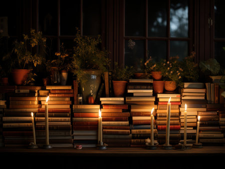 Candlelight softly glows upon stacks of books and a collection of potted plants. The image displays a dimly lit, interior setting with a warm color palette. Composition highlights rows of reading material, suggesting a vintage library or study. Suitable for illustrating education, knowledge, or historical themes.の素材