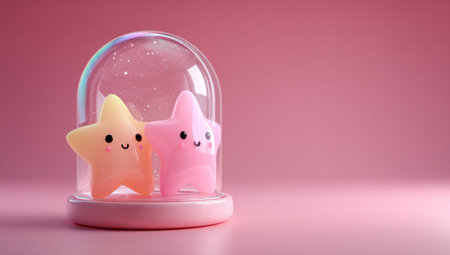 This image showcases two cartoon star figures enclosed in a glass dome, set against a solid pink background. The style is modern with soft lighting and a focus on simplicity. The composition is well-balanced, and the visual elements can serve various purposes like promotional material or illustrative content.の素材