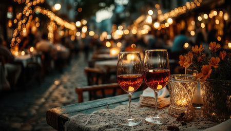 Two wine glasses filled with red liquid are set on a wooden table, in front of a softly lit scene. The warm lighting suggests an evening or nighttime atmosphere. The composition emphasizes the glasses, with blurred background details of people and surrounding lights, ideal for various commercial and editorial applications.の素材