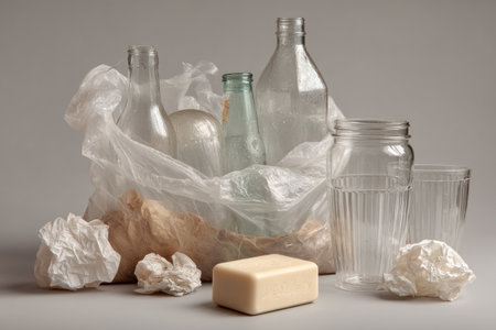 An assortment of glass bottles, jars, and a soap bar are presented against a neutral grey background. The image showcases variations in texture and transparency with varying levels of light and shadow. Potential uses include promoting recycling, environmental awareness, or illustrating household items. The composition is clean and focused.の素材
