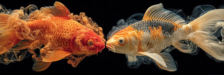 Two goldfish, one orange and one calico, are depicted on a dark background. The image presents a visual contrast of colors, textures, and details, possibly resembling an underwater environment. This graphic is suitable for various applications, including advertising, design projects, and educational materials.の素材