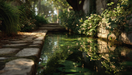 A picturesque scene features a waterway with clear reflections, framed by a stone path and vibrant greenery. The image showcases natural textures and a soft focus, suggesting a peaceful outdoor environment. Suitable for editorial and commercial use, the image evokes a sense of calm and natural beauty.の素材