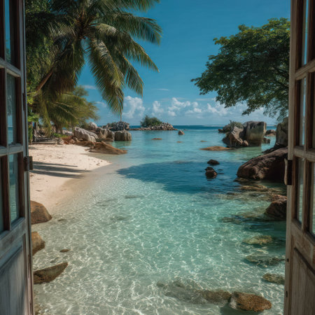 An inviting vista unfolds with a turquoise sea under a bright blue sky. A sandy beach meets the clear water, surrounded by lush green foliage and rocky outcrops. The open window frames this tropical paradise, offering a tranquil and idyllic perspective suitable for travel or lifestyle themes.の素材