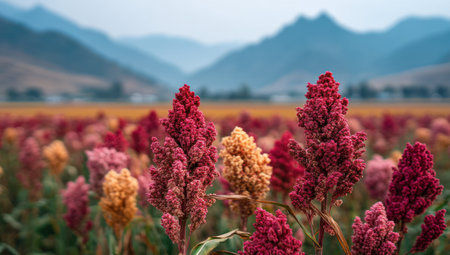 Close-up of colorful plants with striking red and yellow hues dominates the foreground. The image displays a shallow depth of field, with soft focus on a distant mountain range. The composition is bright, suggesting daytime, and has potential uses for agricultural articles or nature-related content.の素材