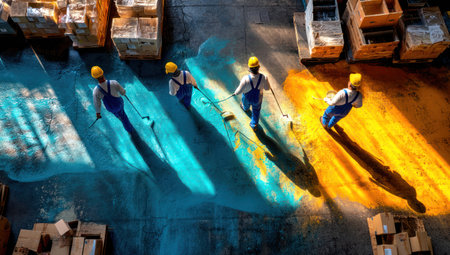 Four workers in protective gear are painting a warehouse floor with bright colors. The image features an overhead perspective with vibrant blues and yellows contrasting against the gray concrete. The scene is illuminated by overhead lighting, suitable for illustrating industrial processes or conceptual art. These visuals could be used for various commercial or editorial projects.の素材