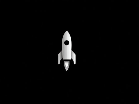 A white rocket ship illustration is depicted against a stark black background. The image showcases a minimalist style with clean lines and a smooth texture. The composition is simple, suggesting a launch into the unknown. This graphic could be utilized for various commercial and editorial projects.の素材