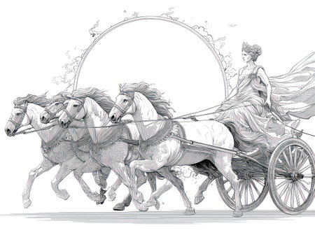 An illustration depicts a woman riding a chariot pulled by several white horses. The scene features a delicate line art style, with varying shades of gray to create depth and shadow. The background includes an ornamental circular element and subtle details suggestive of an outdoor setting, potentially for artistic or editorial projects.の素材