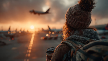A woman stands observing an airplane at sunset. The image displays warm tones with the sun low on the horizon, creating a soft, warm light. The composition features an out-of-focus background with other airplanes. This image could be used for travel, tourism, or lifestyle content.の素材
